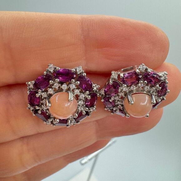 Rodolite Garnet Pink Opal CZ Silver Stud Earrings Tested Opulent Princesscore - Picture 8 of 15